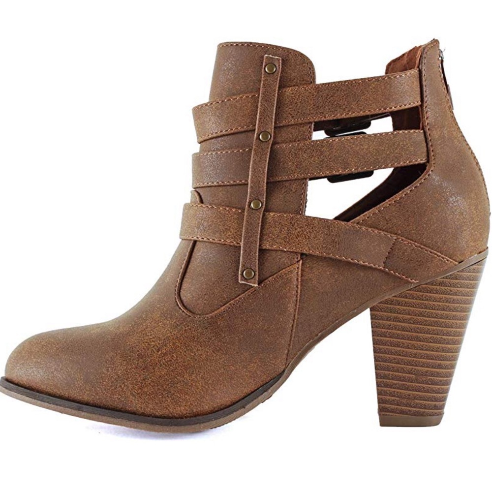 Tan Open Side Ankle Chunky Heel Booties - Picture 5 of 8